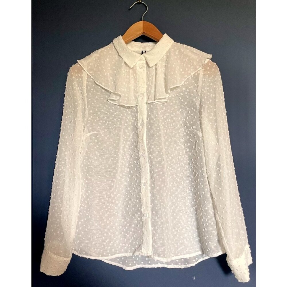 H&M Pleated-Layer Collared Long Sleeve White Ribbed Blouse